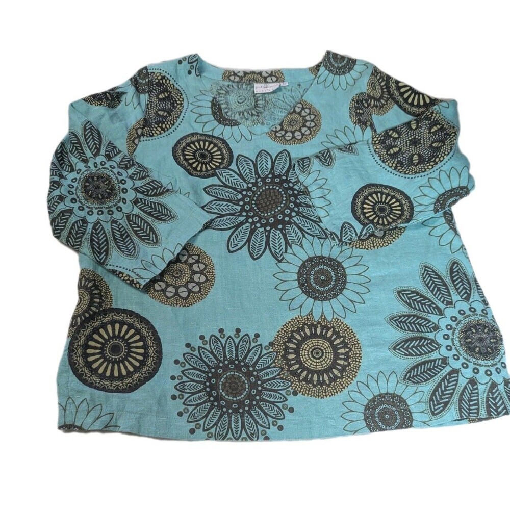 Hot Cotton by Marc Ware Linen Top Large Teal Blue Sunflower Floral 3/4 Sleeve